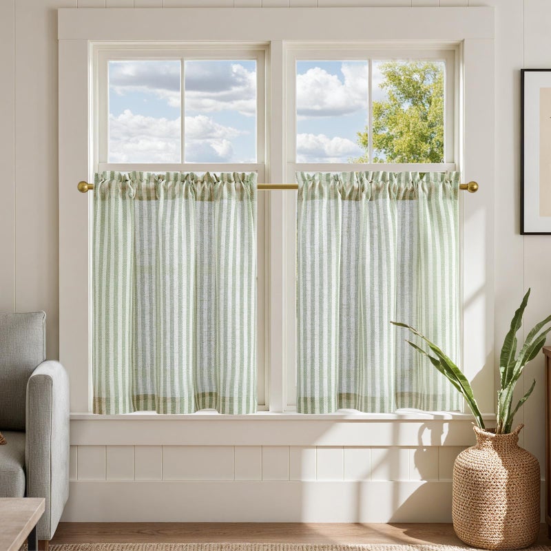 jinchan Striped Linen Kitchen Curtains 24 Inches Length Tier Curtains Farmhouse Modern Cafe Style Small Window Treatments Airy Light Filtering Rod Pocket for Living Room Bathroom 2 Panels Sage Green - Image 1